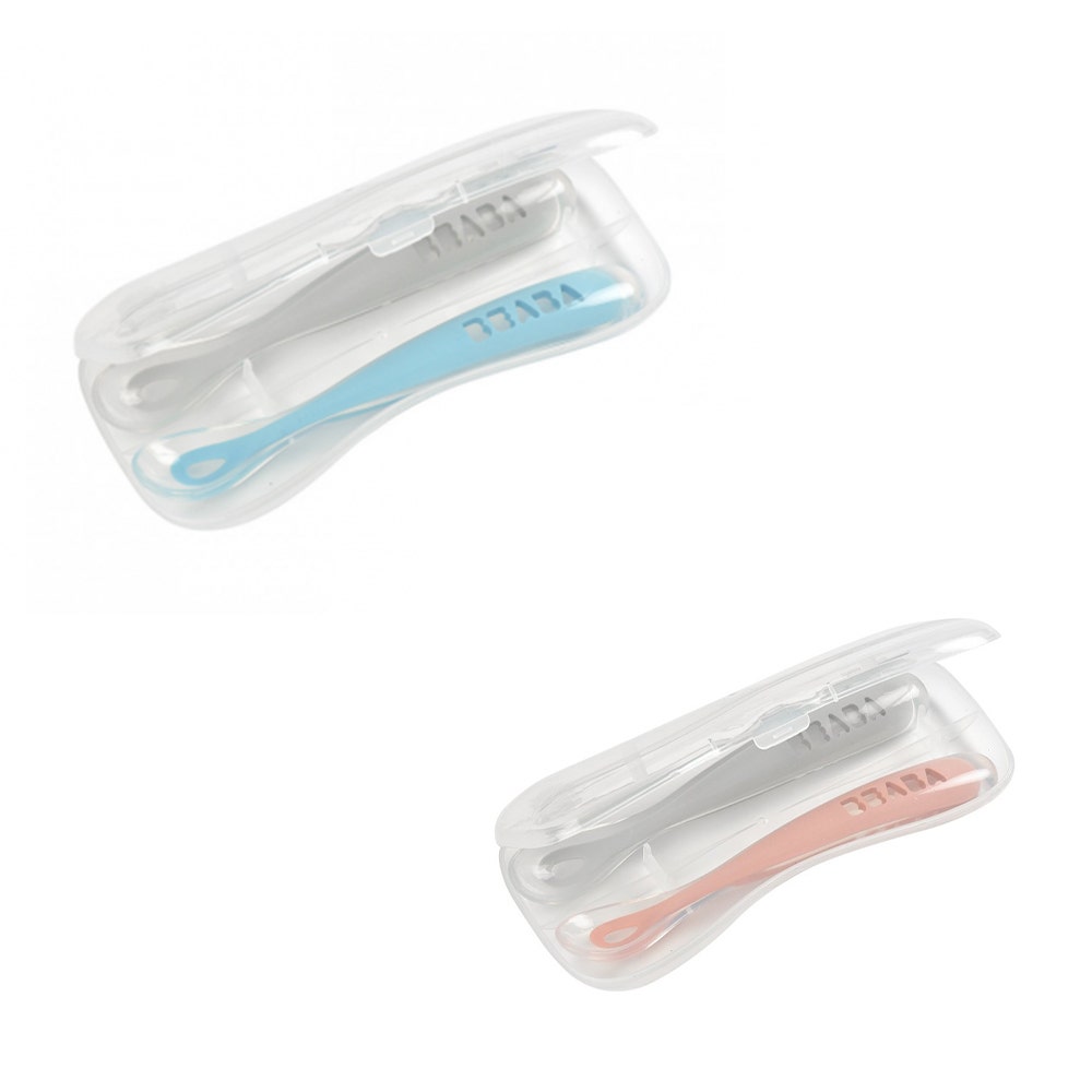 Beaba Set di 2 cucchiai in silicone per bambini con custodia per il trasporto