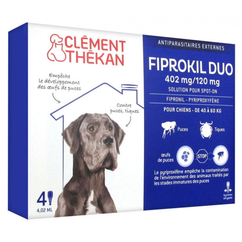 Clement-Thekan Fiprokil FIprokil Duo Controllo Pulci e Zecche per Cane 40-60kg 4 Pipette Chien 10-20kg 4.02ml x4 pipette