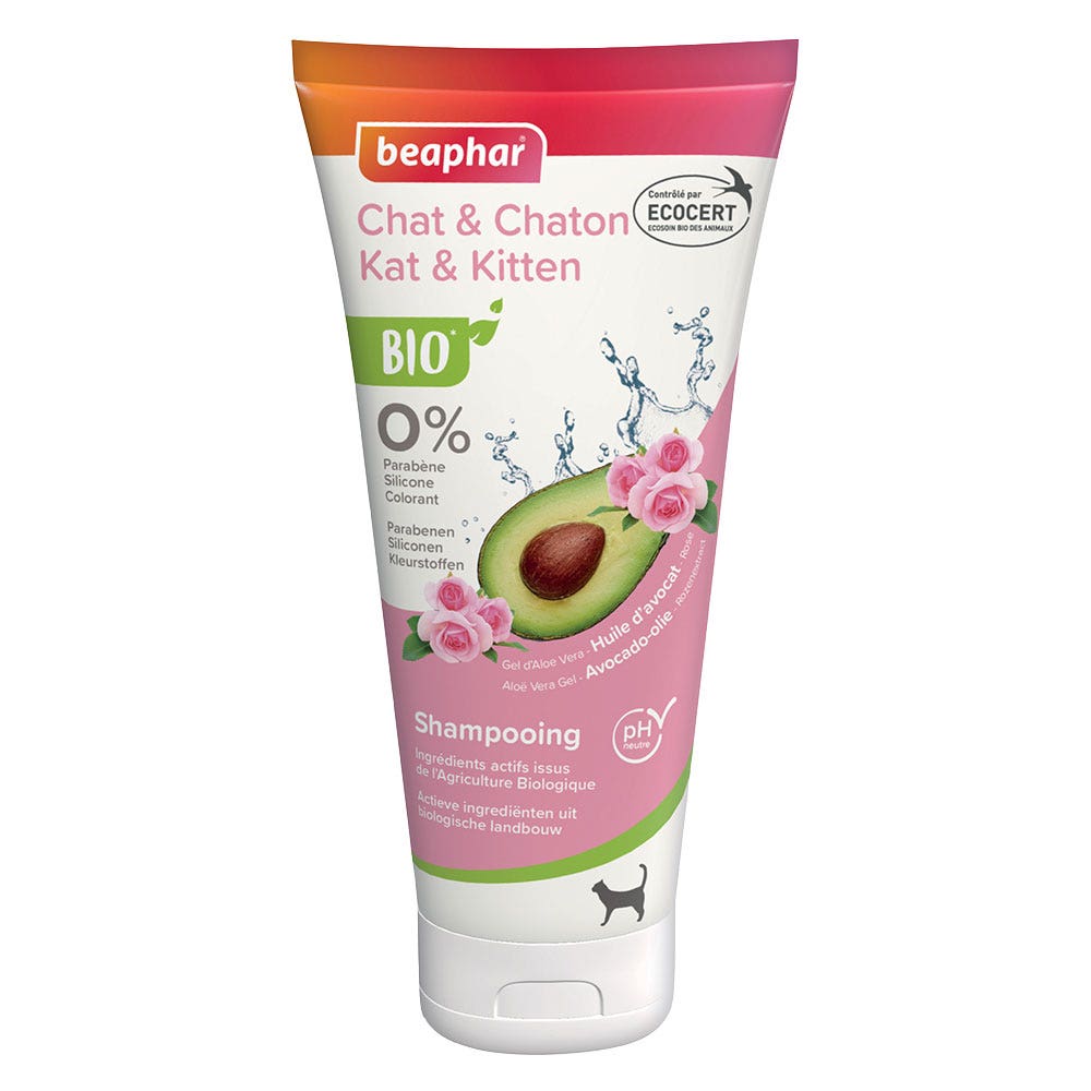Beaphar Shampoo per Gatti e Gattini Gel Aloe Vera, Olio di Avocado, Rosa Bio 200 ml