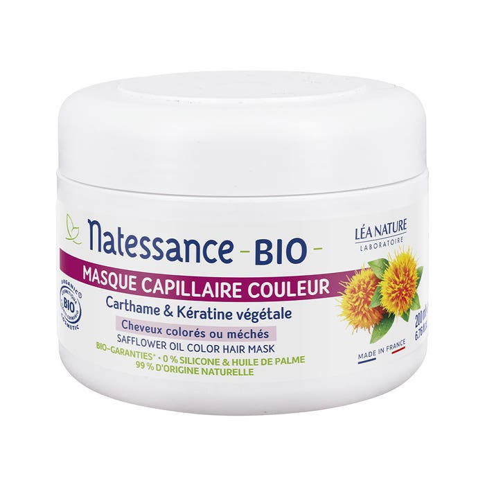 Natessance Maschera per capelli di colore - Cartharme biologico e Cheratina vegetale Capelli colorati o evidenziati 200 ml