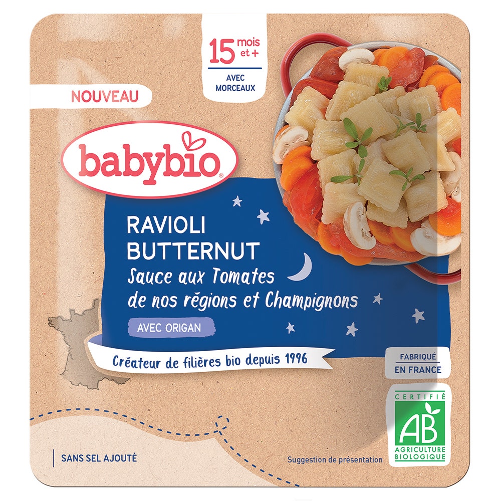Babybio Ravioli di butternut con salsa di funghi e pomodori bio 15 mesi con i pezzetti 190g