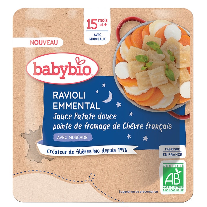 Babybio Ravioli di emmental con salsa di patate dolci e un tocco di formaggio di capra francese Da 15 mesi 190g