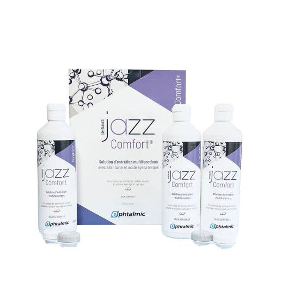 Ophtalmic Comfort Jazz Soluzione di manutenzione multifunzionale per lenti a contatto morbide Occhi sensibili 3x360ml