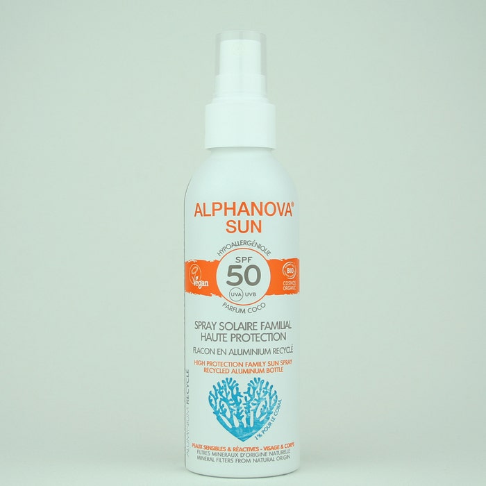 Spray solare biologico per famiglie SPF50+ ad alta protezione 150g Sun Alphanova