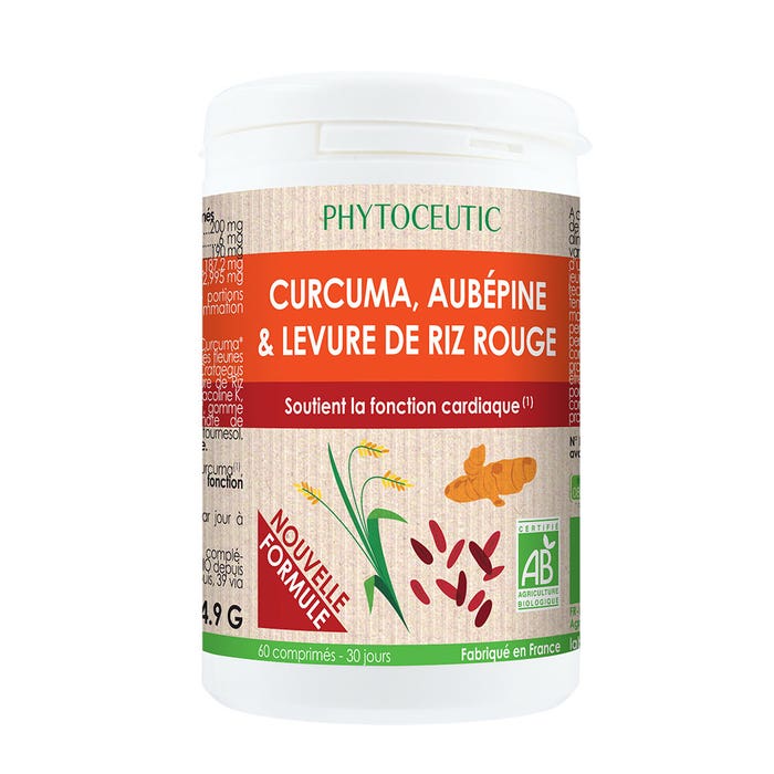 Phytoceutic Curcuma, biancospino e lievito di riso rosso biologico Supporta la funzione cardiaca 60 compresse