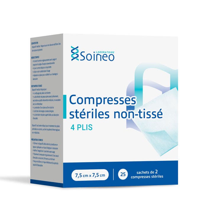 Soineo Compresse sterili in tessuto non tessuto 7,5x7,5 cm x25 confezioni da 2 Compresse