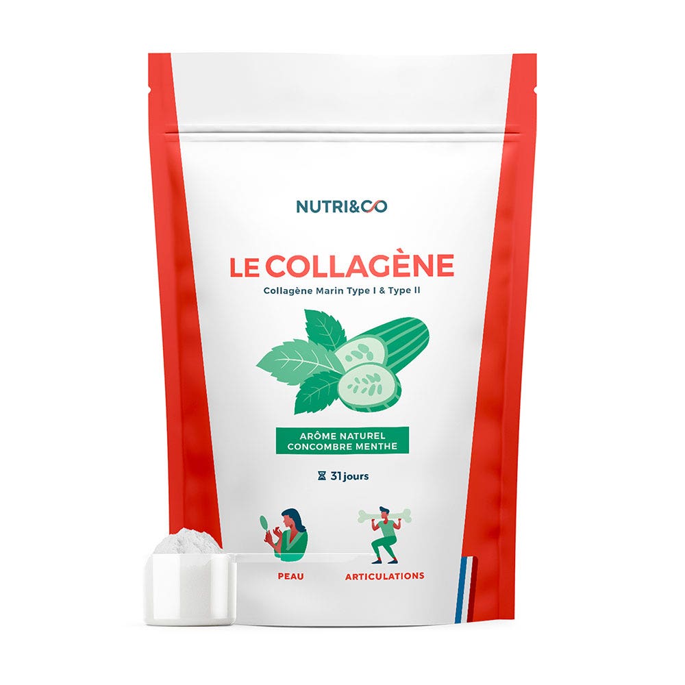NUTRI&CO Collagene marino brevettato di tipo 1&2 in polvere Rassodare la pelle Sapore di cetriolo 190g