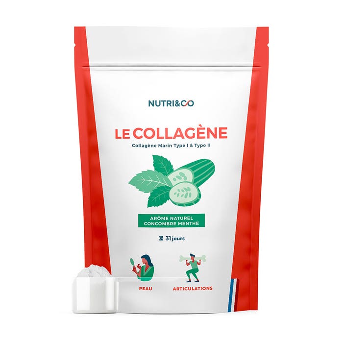 NUTRI&CO Collagene marino brevettato di tipo 1&2 in polvere Rassodare la pelle Sapore di cetriolo 190g