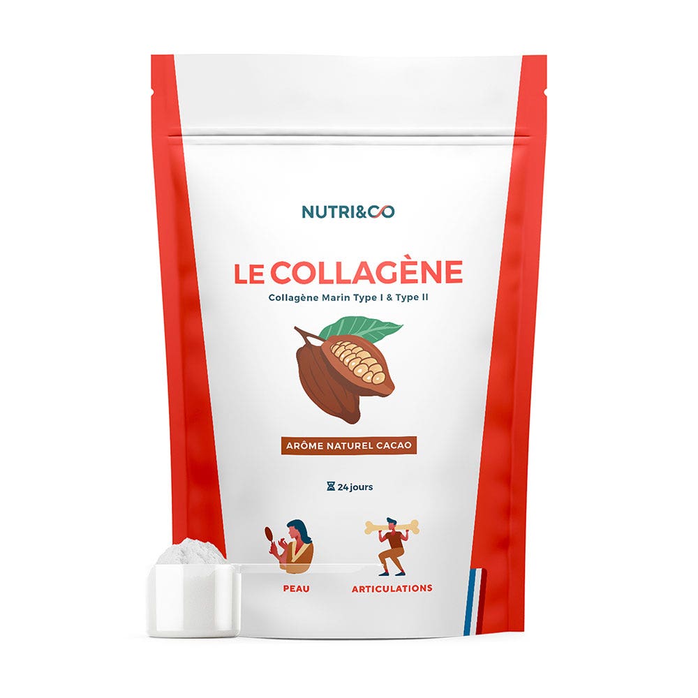 NUTRI&CO Collagene marino brevettato di tipo 1&2 in polvere Pelle soda al gusto di cacao 240g