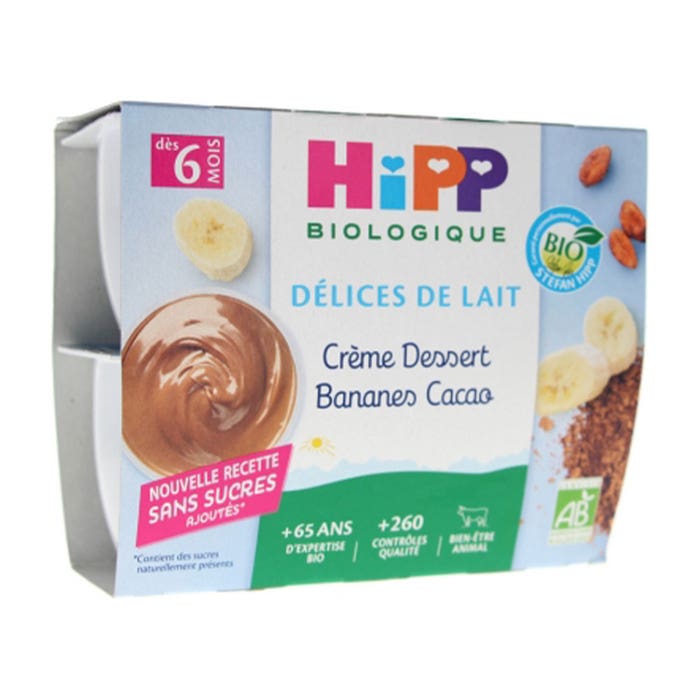 Creme Dessert Cacao Bio Delices De Lait Des 6 Mois Biologique 4x100g Délices de Lait Dès 6 Mois Hipp