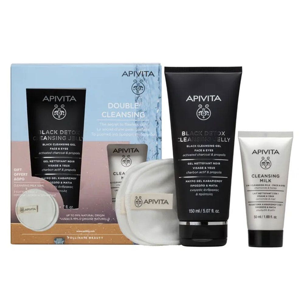 Apivita Set di pulizia doppio Gel detergente nero 150 ml + Latte detergente 3 in 1 50 ml + Boccioli di cotone riutilizzabili