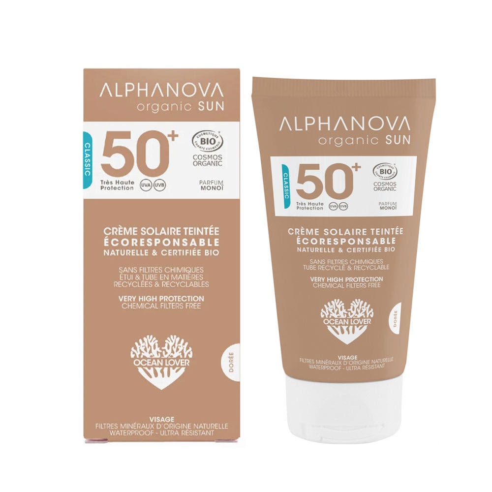 Alphanova Organic Sun Crema solare viso colorata impermeabile biologica Spf50+ Oro Profumo Monoi 50g
