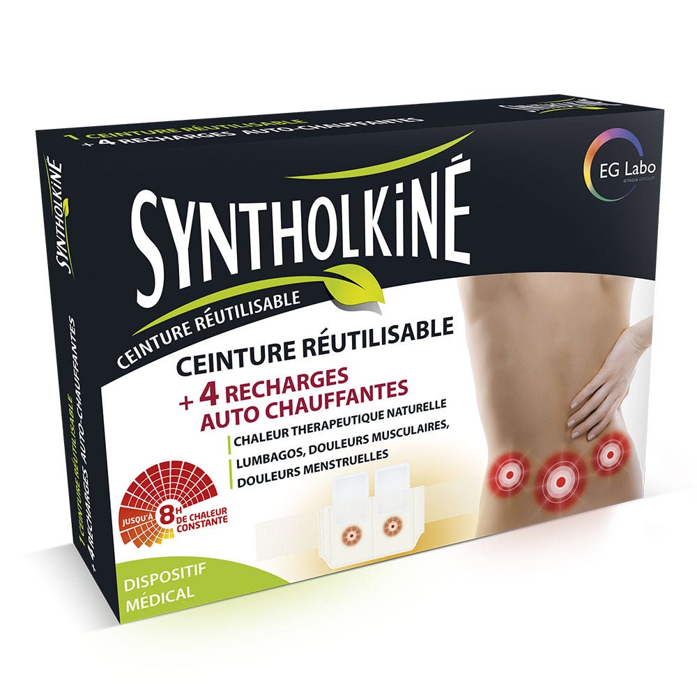 EG Labo SyntholKiné Cintura riutilizzabile calore terapeutico naturale + 4 ricariche auto-riscaldanti
