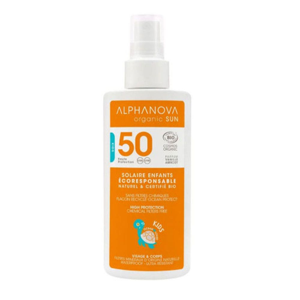 Alphanova Organic Sun Latte solare bio SPF50 per bambini profumo vaniglia e albicocca 125 ml