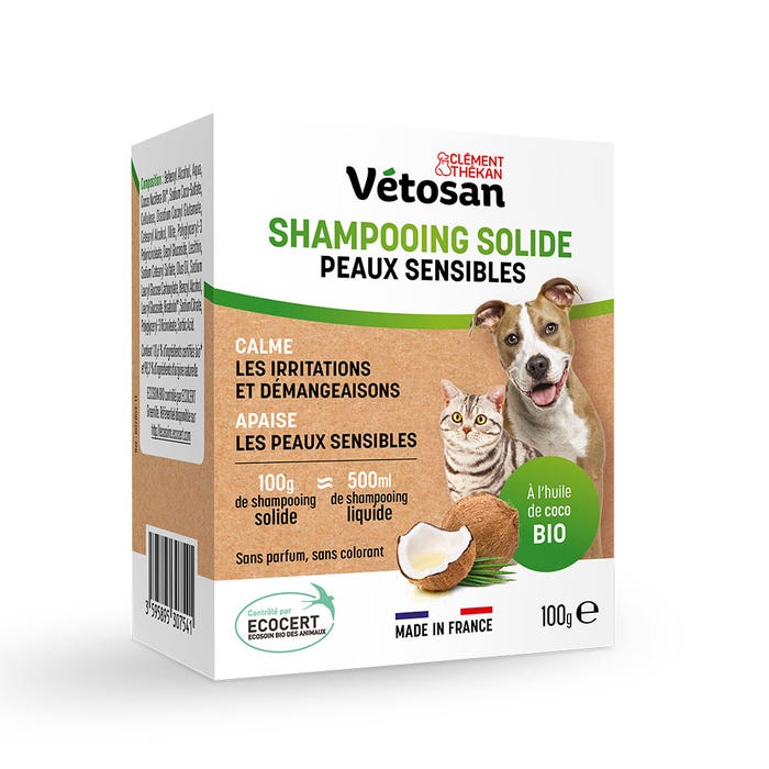 Clement-Thekan Vétosan Pelle Sensibile Shampoo solido Con olio di cocco biologico per Cane e Gatto 100g