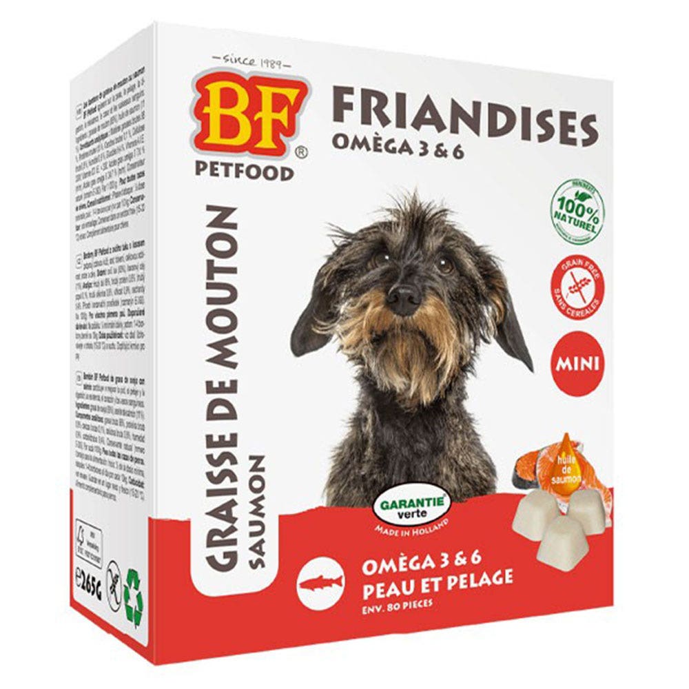 Biofood BF Petfood Snack Omega 3 e 6 Bonbon Cane Peaux et Pelages Salmone Grasso di montone 80 pezzi
