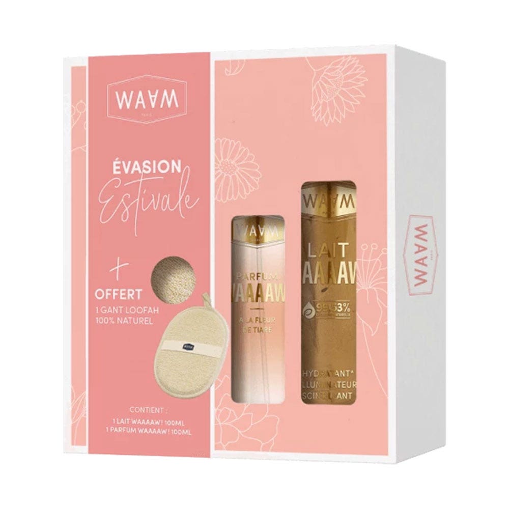 Waam Illuminatore estivo Evasion + Set di guanti di luffa Profumo Tiaré 200 ml