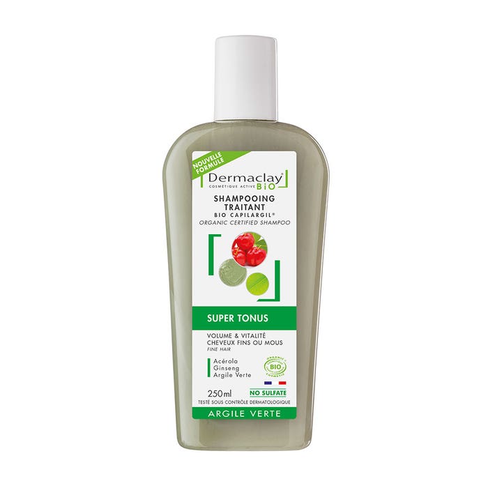 Shampoo trattante biologico 250ml Argilla verde tonificante per Capelli fini Dermaclay