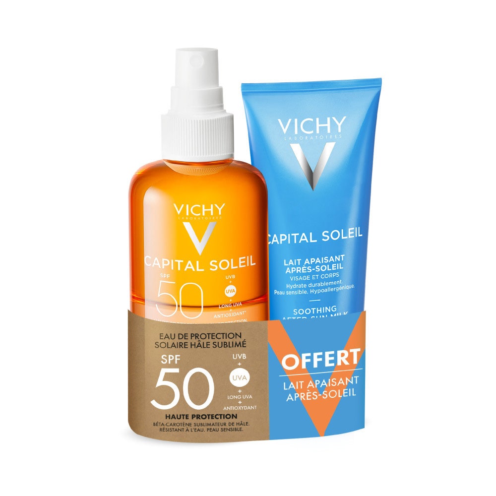 Vichy Capital Soleil Acqua protettiva solare effetto glow SPF50 200 ml + doposole 100 ml in omaggio