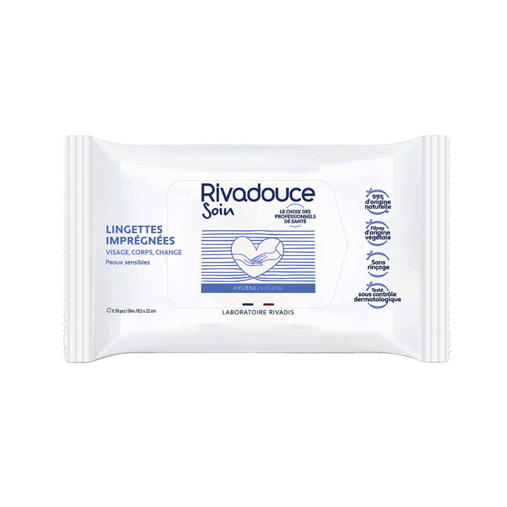 Rivadouce Soin Salviette impregnate Viso corpo e zona pannolino Pelle Sensibile x50