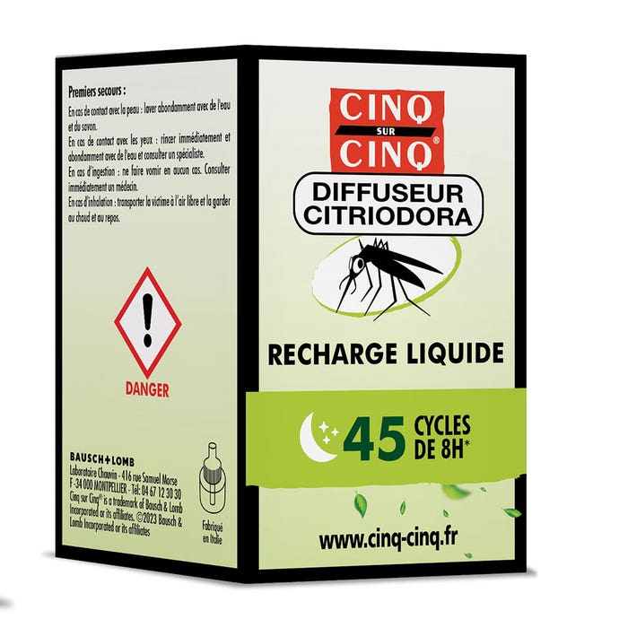 Cinq Sur Cinq Citriodora Recharge Liquide Diffuseur Anti-Moustiques 45 cicli di 8 ore 24g