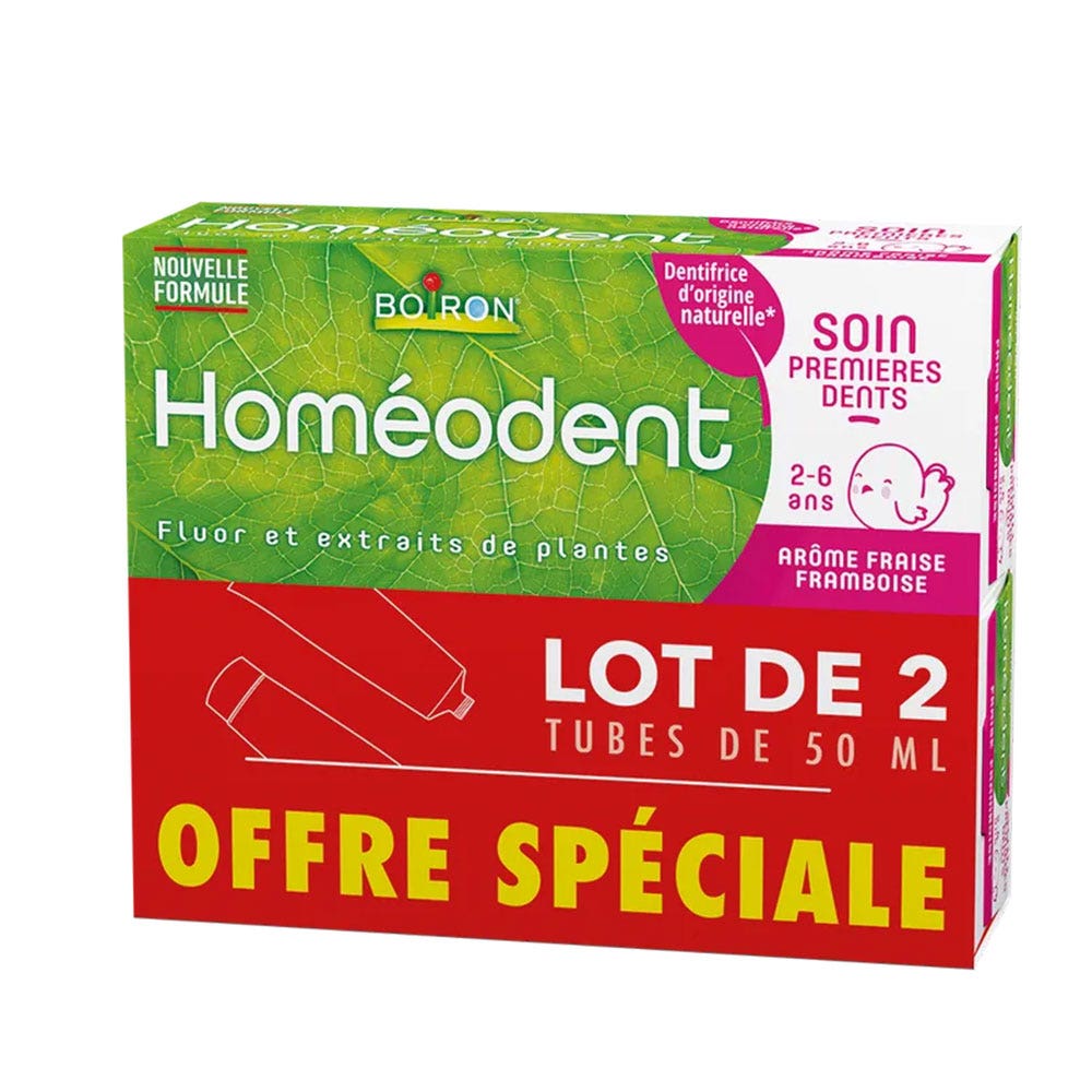Boiron Homeodent Dentifricio Prima Cura dei Denti 2-6 anni Fragola Lampone 2x50ml