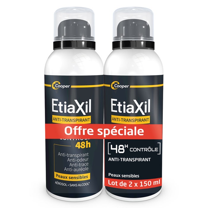 Etiaxil Anti-traspirante Spray uomo 48 ore senza alluminio Peaux Sensibles 2x150ml