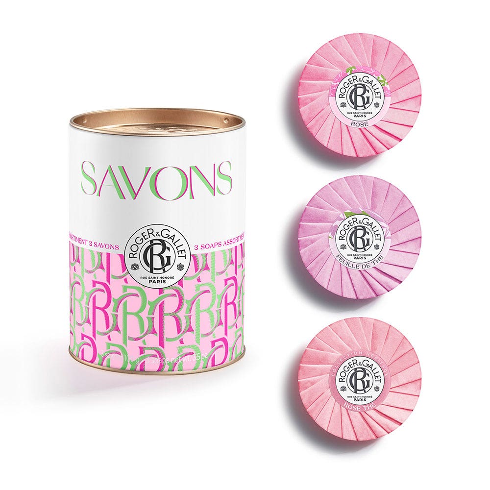 Roger & Gallet Cofanetto di saponi benefici Rosa, Foglie di tè, Feuille de Thé 3x100g