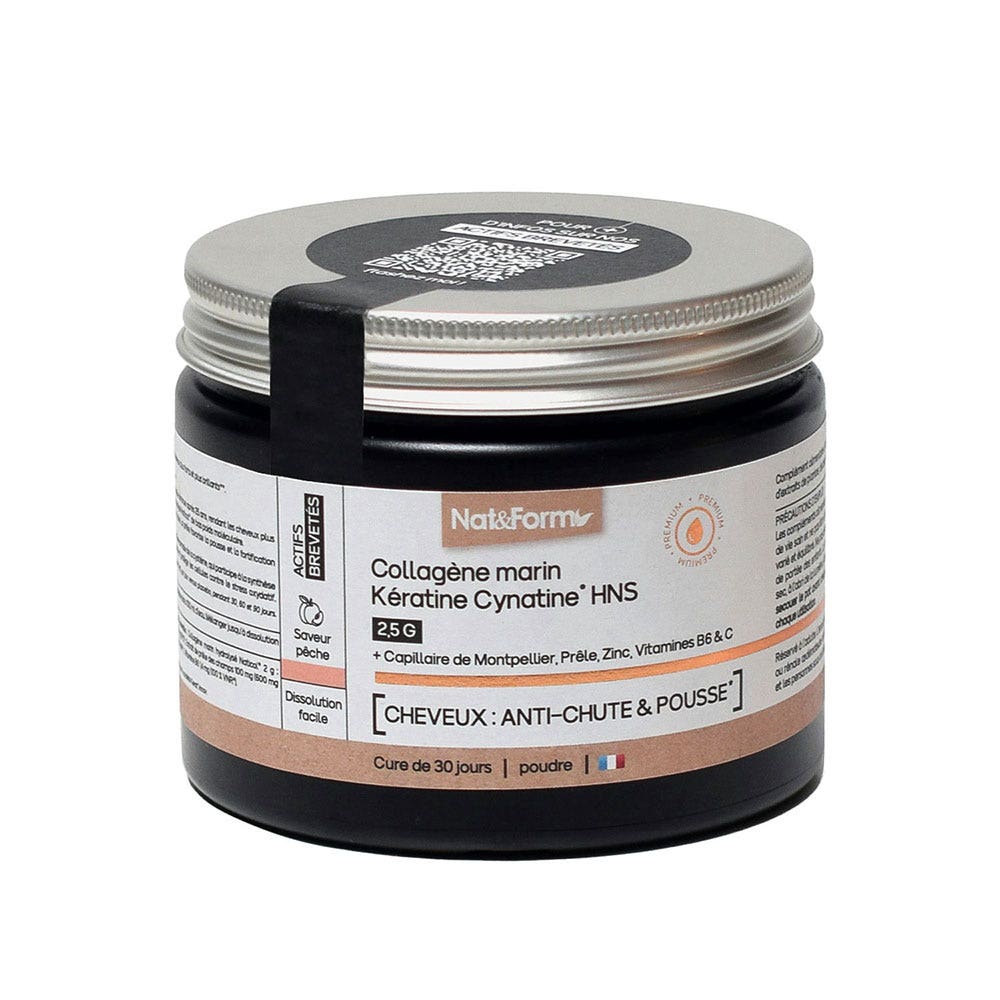 Nat&Form Collagene marino Cheratina Cynatine HNS 2,5g capelli anti-caduta e crescita gusto pesca 120 g