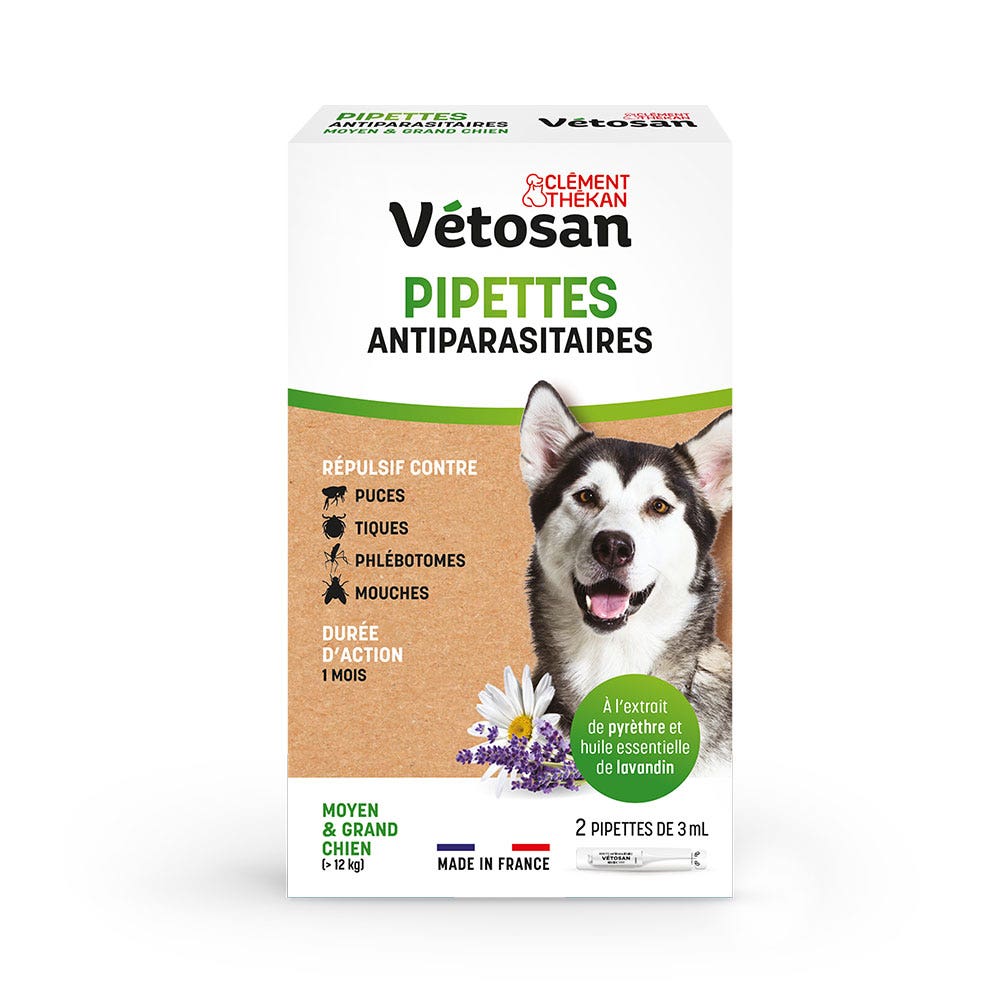 Clement-Thekan Vétosan Antipulci e antizecche per cani di taglia media e grande 2 pipette 3ml