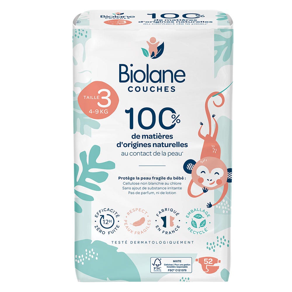 Biolane Naturali Pannolini ecologici 4-9 kg Taglia 3 52pz