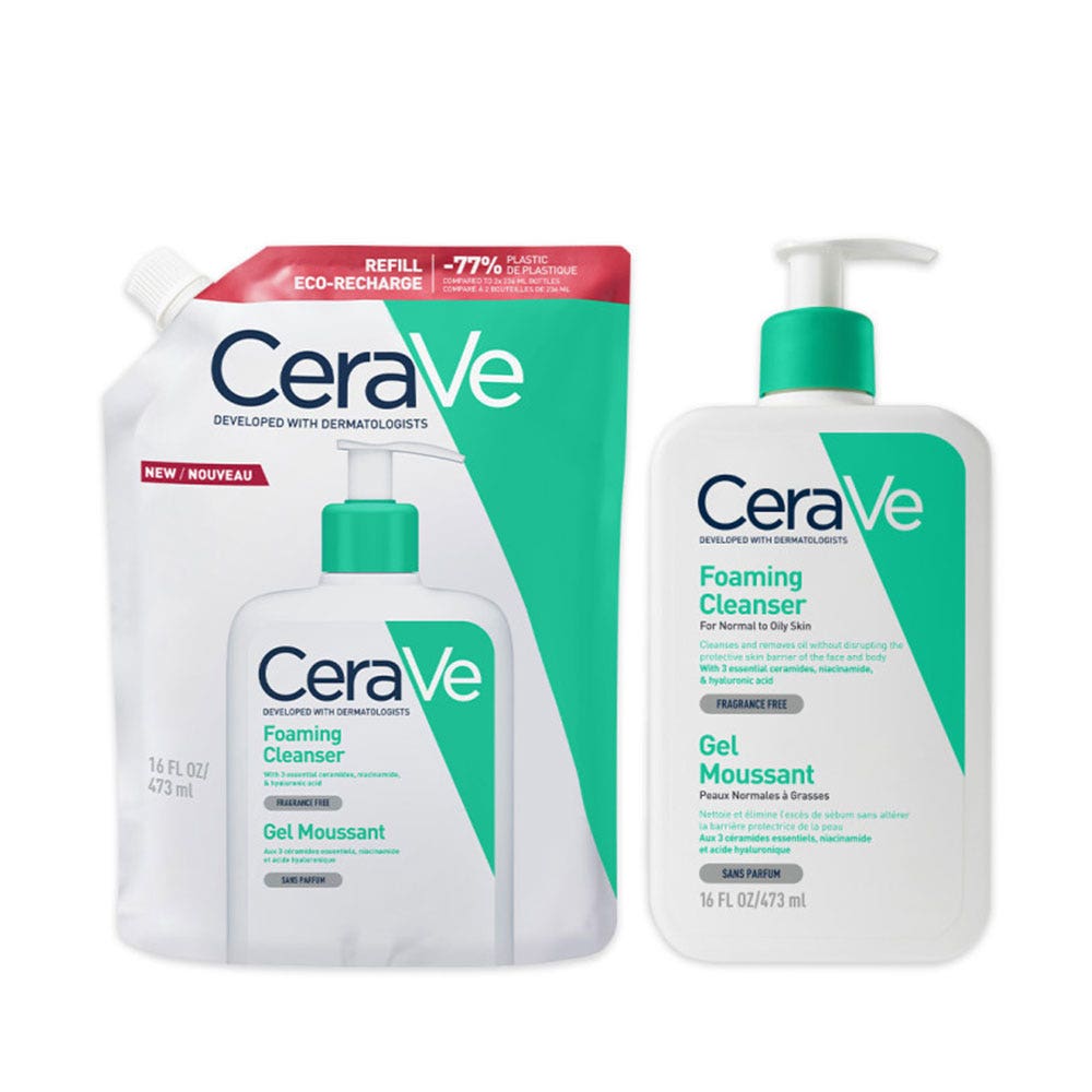 Cerave Detergente Viso Gel schiumogeno viso e corpo + eco ricarica per pelli normali e grasse 2 x 473 ml