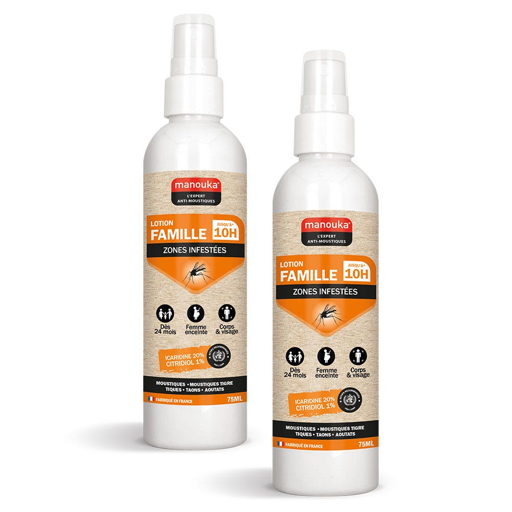 Manouka Spray repellente anti-zanzare lozione famiglia tutte le zone 2 x 75 ml