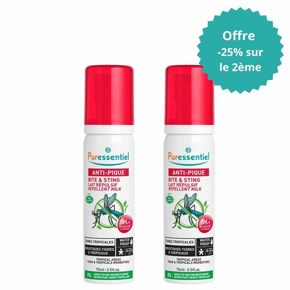 Puressentiel SOS Insetti Latte repellente per zone tropicali zanzare tigri e tropicali da 6 mesi 2x75ml