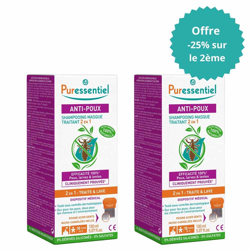 Puressentiel Anti-pidocchi Maschera di trattamento 2in1 Shampoo con pettine 2x150ml