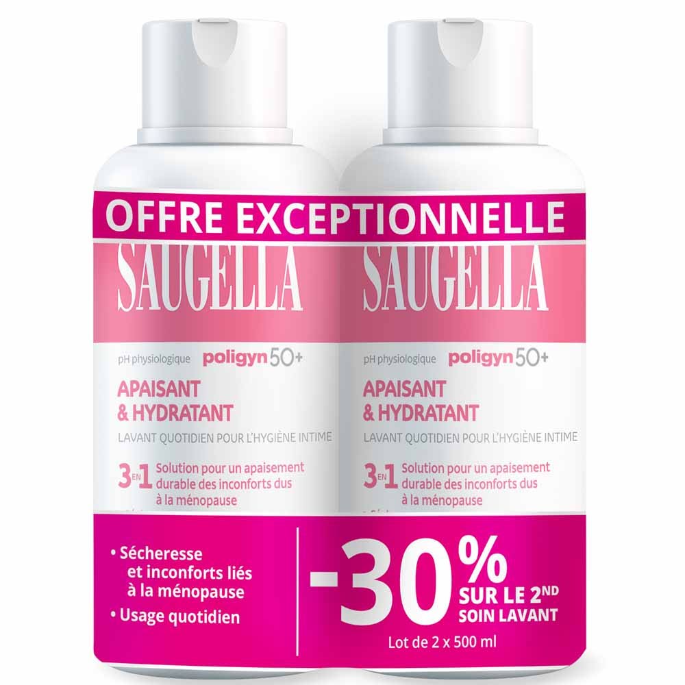 Saugella Poligyn Gel detergente intimo 3in1 50+ per pelli mature in menopausa 2 x 500 ml