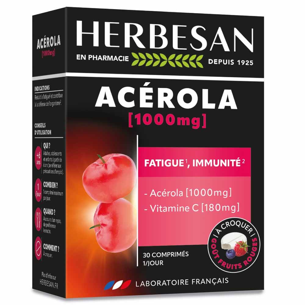 Herbesan Acerola 1000mg Vitamina C 180mg Aroma di Frutta Rossa 30 compresse