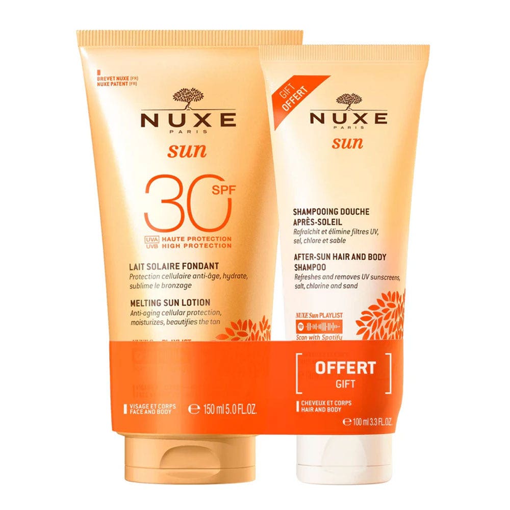 Nuxe Sun Latte solare fondente SPF30 con shampoo doccia in omaggio