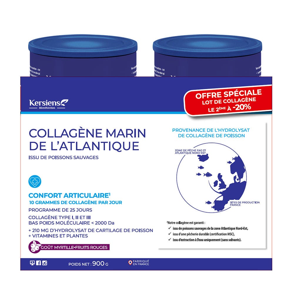Kersiens Collagene marino dell'Atlantico comfort articolare Aroma Frutta Rossa Mirtillo 2 x 450 g