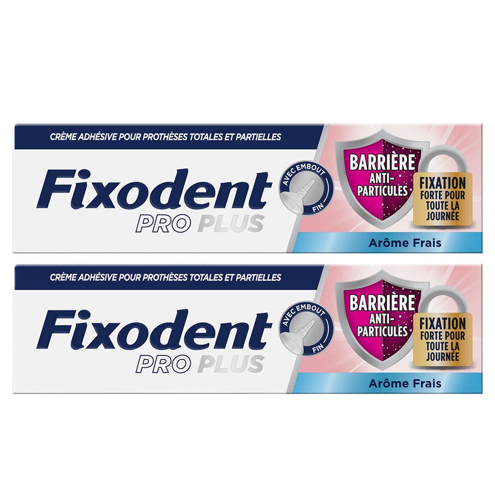 Fixodent Pro plus Crema adesiva per protesi totali e parziali Freschezza con barriera anti-particelle 2 x 35 g