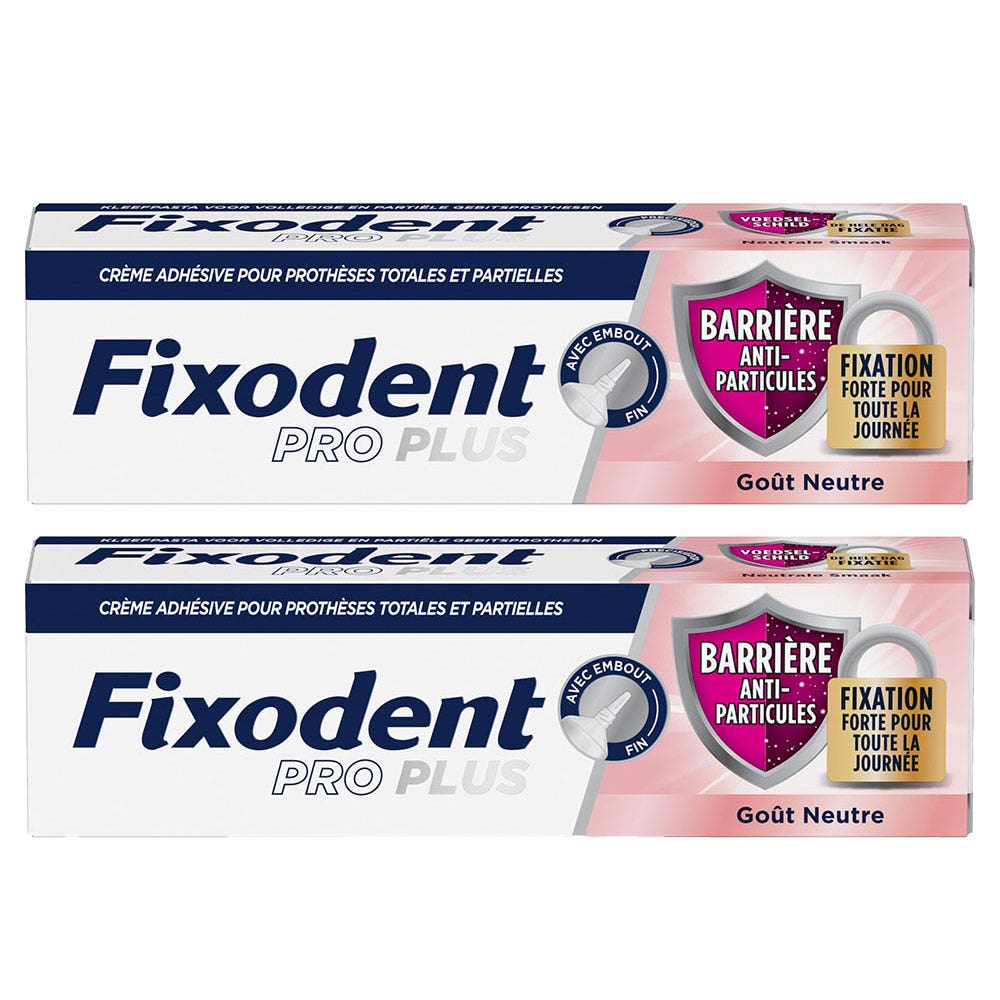 Fixodent Pro plus Crema adesiva per protesi totali e parziali con barriera anti-particelle 2 x 35 g