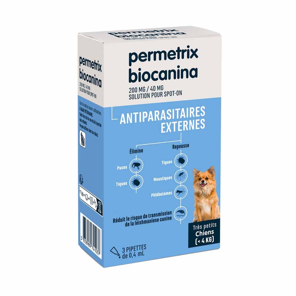Biocanina Antiparassitario esterno Soluzione mirata per Cane di taglia molto piccola fino a 4 kg Permetrix 3 pipette