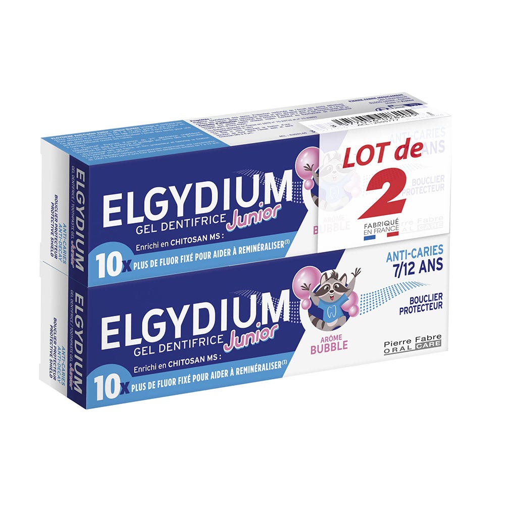 Elgydium Dentifricio al Fluorinol 7-12 anni gusto Bubble Junior 2x50ml