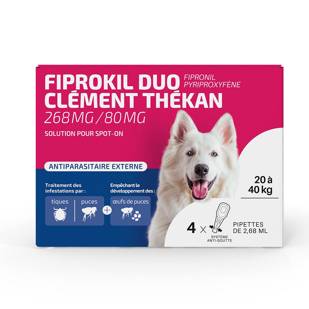 Clement-Thekan Fiprokil FIprokil Duo Controllo Pulci e Zecche per Cane 20-40kg 4 Pipette Chien 10-20kg 2.68ml x4 pipette