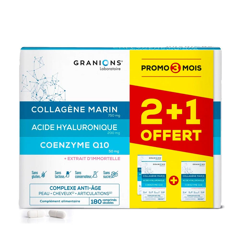 Granions Complexe anti-età collagene acido ialuronico e coenzima Q10 Aux 3 Actifs 3x60 compresse