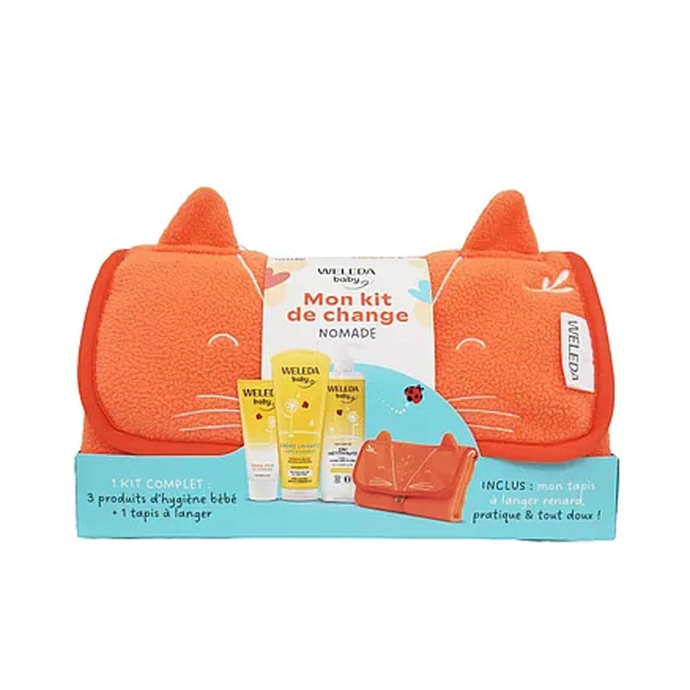 Weleda Calendula Kit cambio da viaggio per neonato acqua detergente + crema per il cambio + crema lavante e materassino fasciatoio