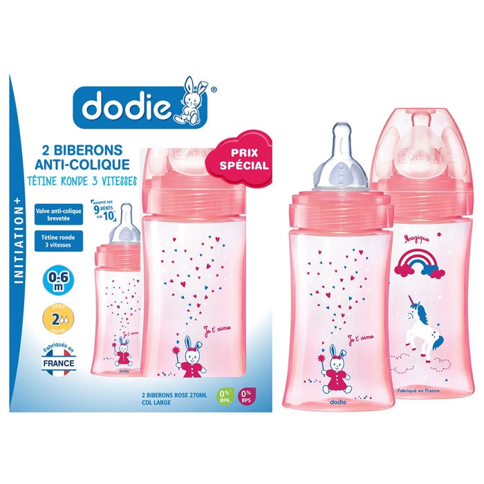 Dodie Coffret Initiation+ Fille 2 Biberons Tetines Debit 2 Anti-coliques 0-6 Mois 2x270ml Dodie