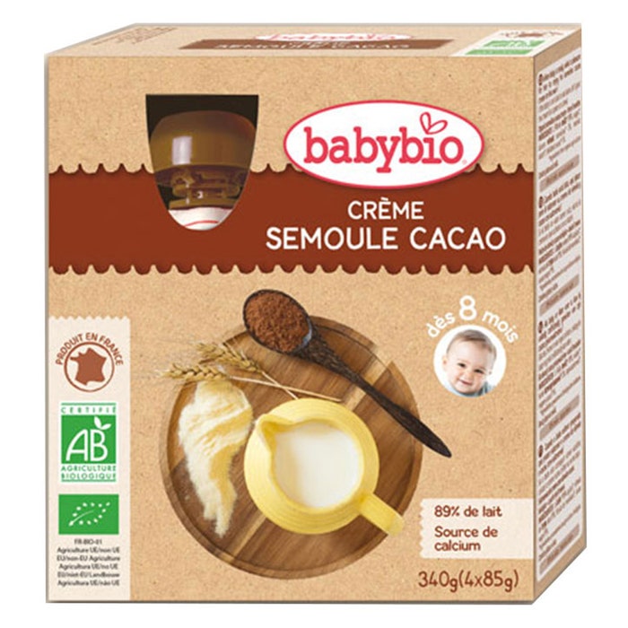 Babybio Crema di Semolino di Cacao Biologico 8 Mesi Dessert Latticini 4x85g
