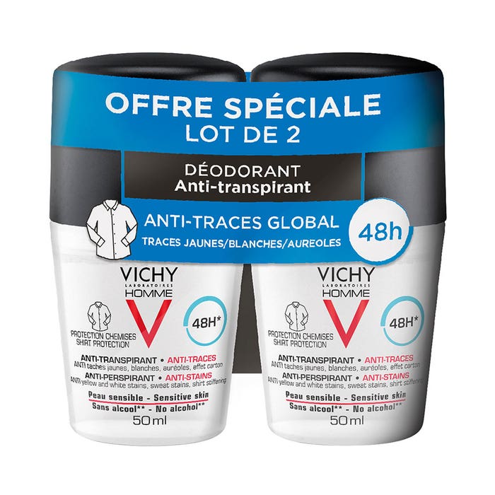 Vichy Uomo Deodorante Antitraspirante e Anti tracce 48h Roll-on 2x50ml