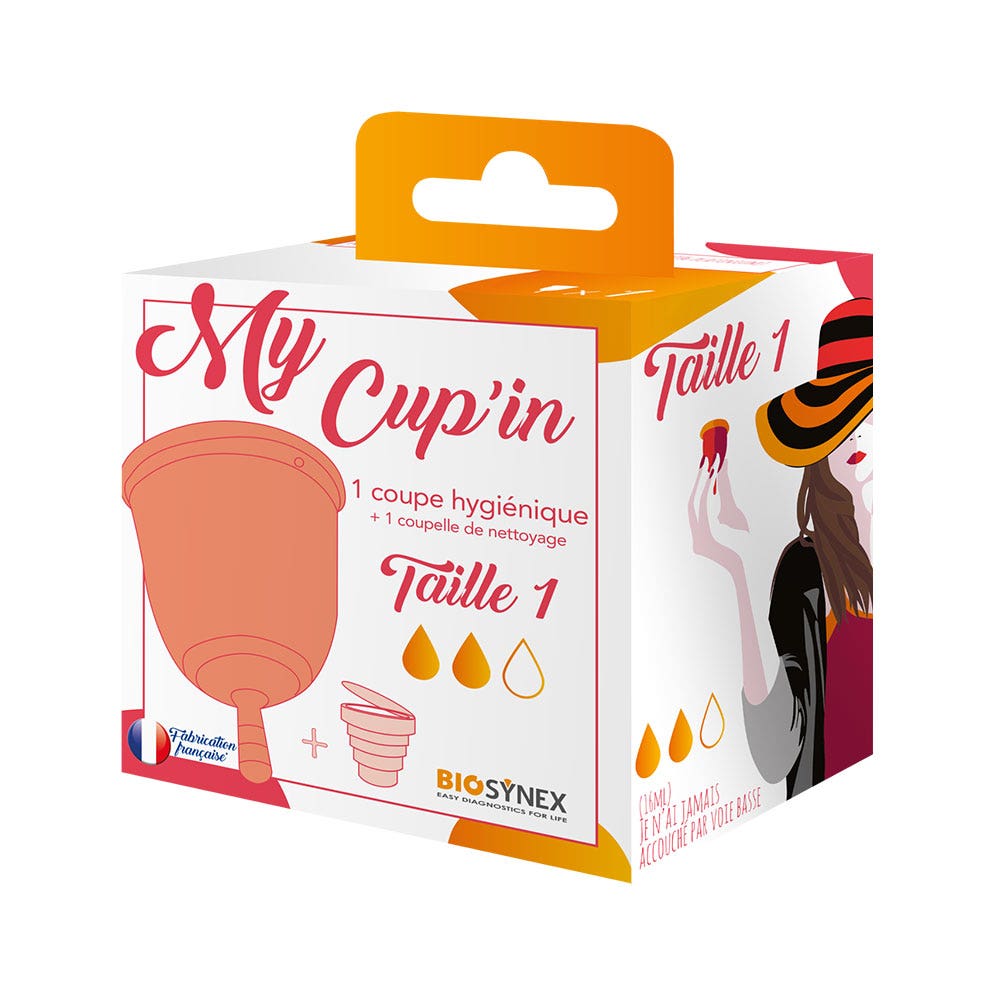 Biosynex My Cup'in 1 coppetta mestruale + 1 contenitore per la pulizia taglia 1